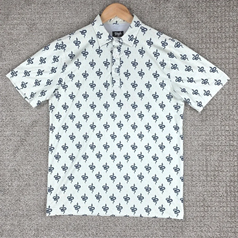 Waggle Golf Mens Snake Pattern Polo Shirt White Blue Size Medium Short Sleeve - Picture 2 of 7
